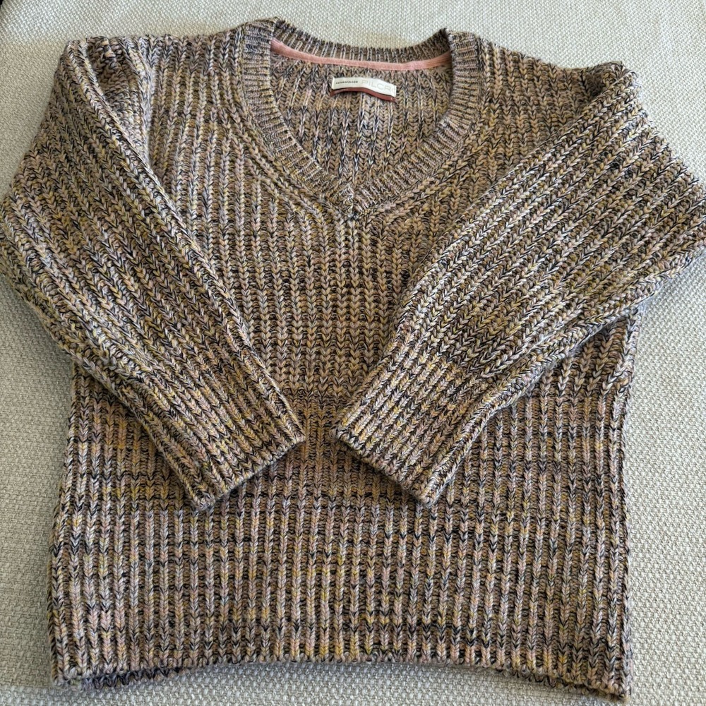 Anthropologie Pilcro Marled Chunky V-Neck Wool Blend Knit Sweater Size L Brown - Picture 8 of 11